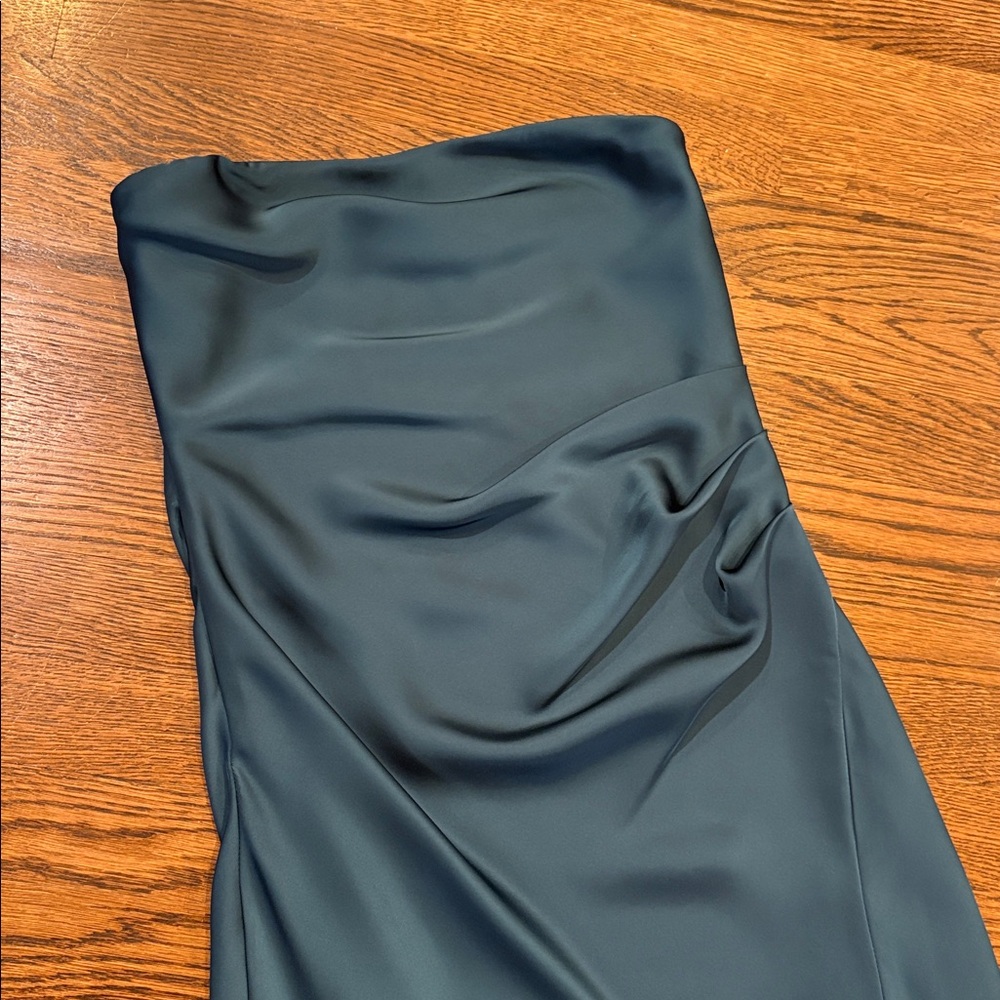 Hello Molly Teal Satin strapless midi dress with slit, 4 - Picture 2 of 3